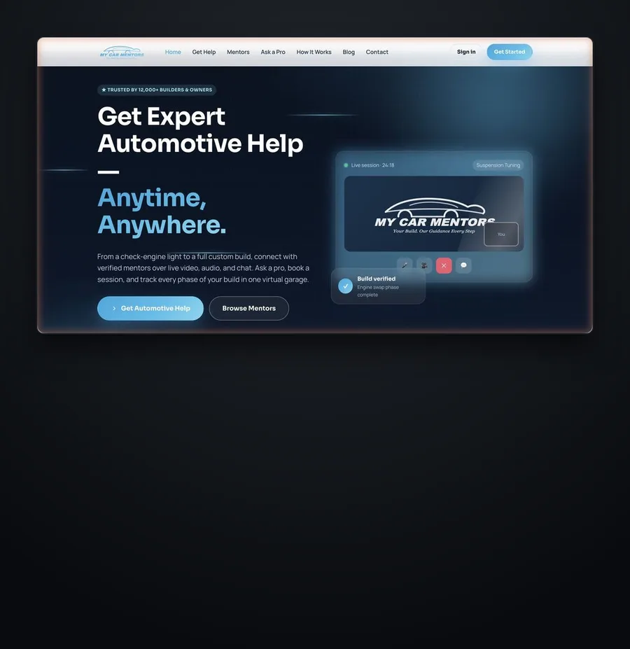 My Car Mentors website homepage, shown inside a dark mount
